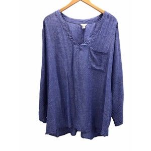 Cato Womens Linen Blend Top Size 22/24W Roll Tab Sleeve Front Pocket Lagenlook